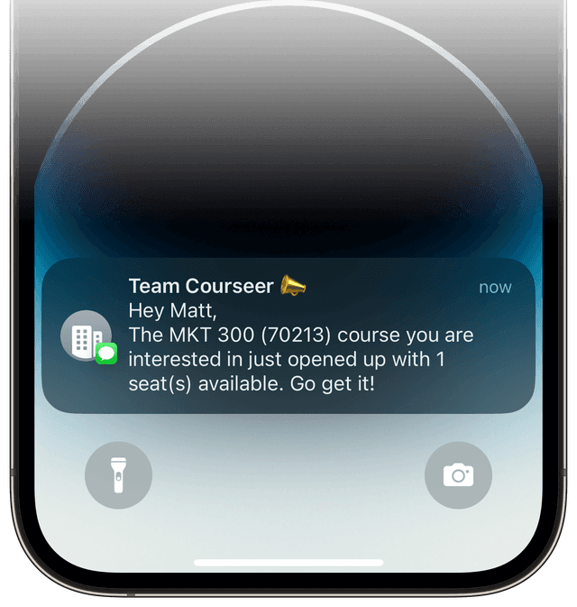 iPhone notification from Team Courseer alerting a student named Matt that a seat has opened up in MKT 300 (70213) course with 1 seat available.